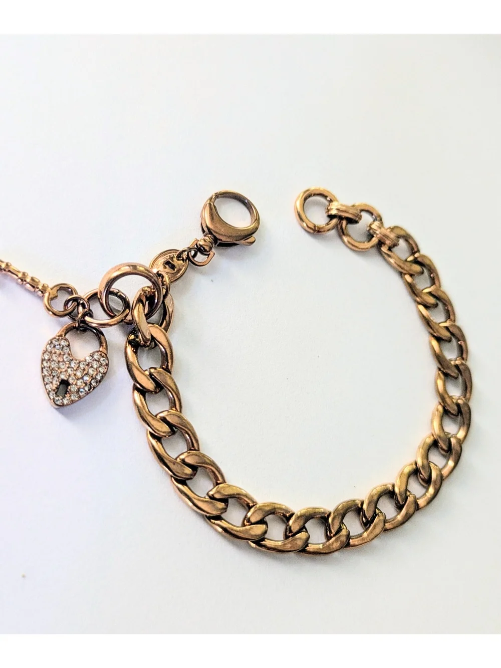 FOSSIL Rose Gold Tone  Pave Crystal Heart & Key Lock Starter Charm Bracelet
